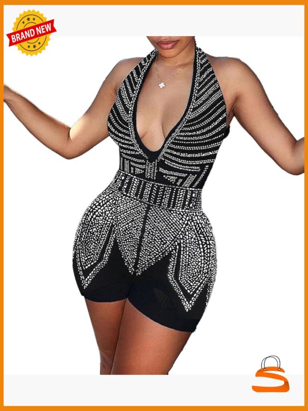 Sexy Rhinestone Halter Deep V Neck Romper Jumpsuit Sleeveless Party
